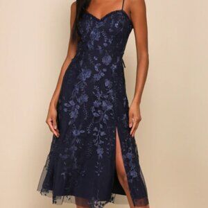 Charmingly Sophisticated Navy Blue Tulle Embroidered Midi Dress Lulus